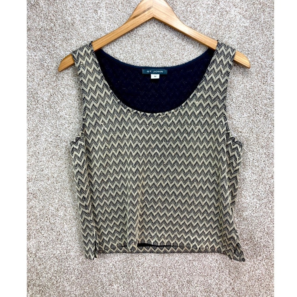 St. John Chevron Metallic Knit Tank Top Womens M Black Gold Sleeveless Evening